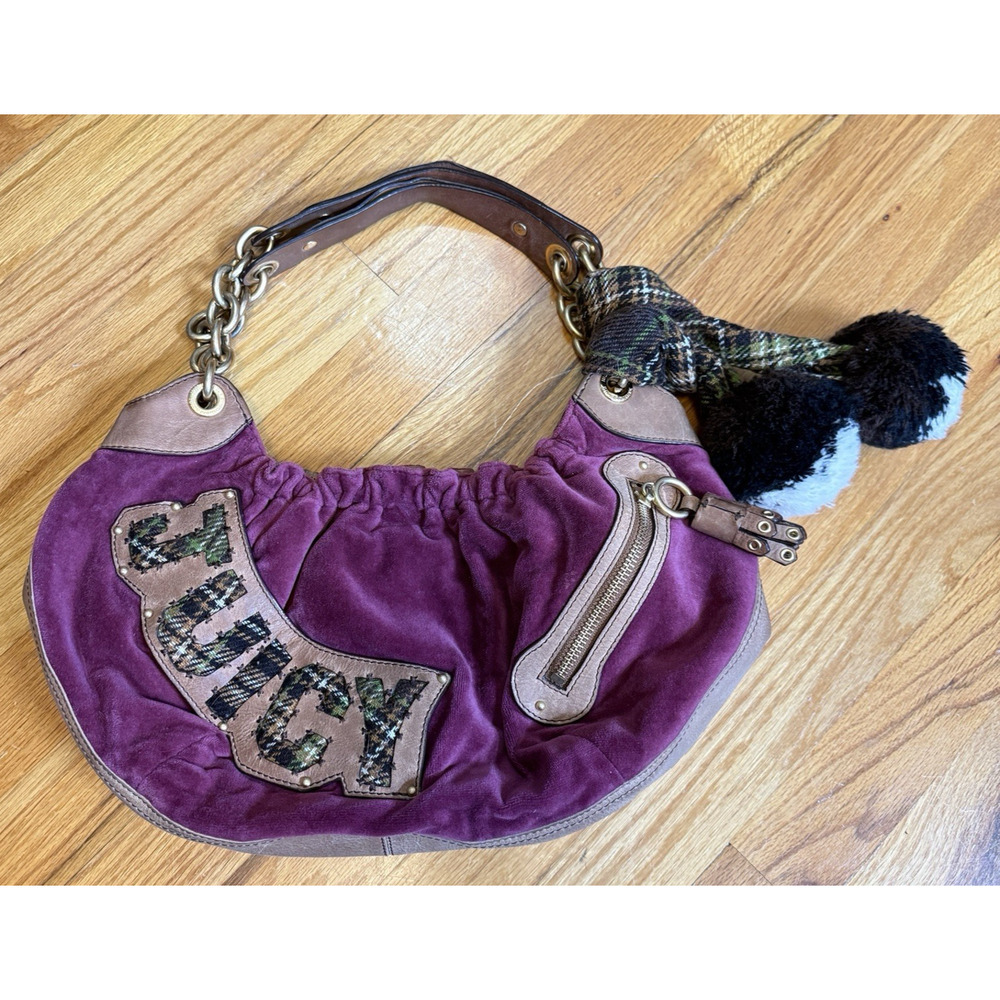 Vintage Juicy Couture Leather Purple Velour Hobo Bag With Tartar Pom Poms